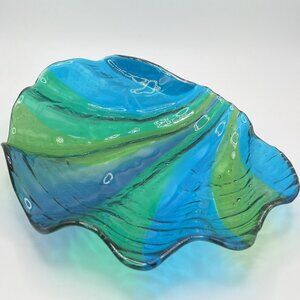 Vintage Blown Art Glass Clamshell Green Blue Bowl Dish MCM Shell Aquatic Ocean